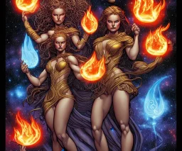 Four doll divine representing each one the four elements: fire, earth, air, and water. Mark Brooks and Dan Mumford comic book art perfect smooth elemental galactic space.