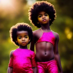 full body shot, masterpiece, best quality, child, one boy, dark skinned, sparkling eyes, fluorescent skin, colorful makeup, afro, highly detailed body, sun light, 4K, RAW, depth of field, high contrast, realistic details, 24mm