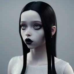 Jenna ortega black dress,soft goth libstick, wednesday addams family make up, long hair, brad double wig, addams family style, highly detailed, volumetric lighting, unreal engine, 8k