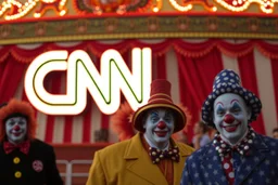 a group of clowns in front of the circus with a CNN logo