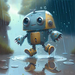 A fantasy painting of a cute robot in galoshes jumping in a puddle on a wet, rainy day
