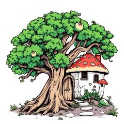 outline art for square twisted old oak tree mushroom cottage full vivid colored page for kids, classic manga style, anime style, realistic modern cartoon style, full color background, sketch style, only use outline, clean line art, no shadows, clear and well outlined