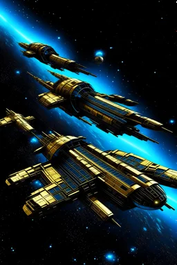 spacecrafts gold black blue, background space, stars,