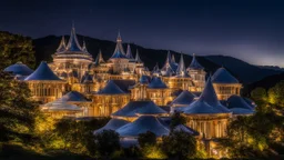 2084, delightful, sensitive, confident, undulating sinusoidal castle with hyperbolic roofs, delicate, night, darkness, exquisite architecture, innovative design, award-winning photograph, beautiful composition, filled with beautiful detail, delicate colour, chiaroscuro