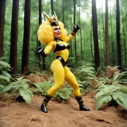[1960’s stop-motion animation style of Queen of Pro Wrestling, Queen Bee in the forest] a 70s advertisement video TV featuring Demonstrating her growing power as Queen Bee vibrating the very air around her, challenging any luchadora to defeat her in the ring; as a claymation character toy from a claymation horror movie in burning rainbow land, from hell, creepy Videos, strange creatures everywhere , as old advertisement shot on video VHS