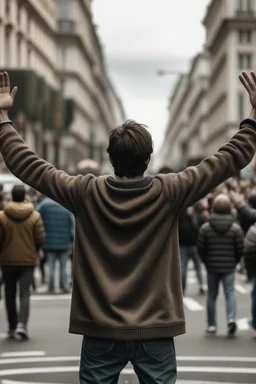 Un hombre de espaldas saluda con los brazos abiertos en señal de acogida en mitad de la calle de una ciudad