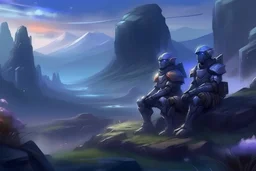 two medieval soldiers in armor sitting near rocks while looking at distant mountains with purple and blue distant mist and glowing mushrooms and plants around the soldiers