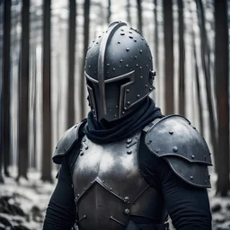 a strong man wearing iron knight war helmet, full face cover, standing in a cold and windy forest, head photo