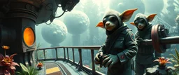 airbrush and pen outline, french art , extreme close up on cheeky fluffy weasel hairy goblin military prison guard troupe news anchor elf family scumbag on the open bridge between two space stations filled with weird growing wines and plants, in the style of Escher and Giger and Fallout 4, pinhole cam, airbrush 3d rendering