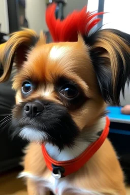 little dog , looks like a little bit of David Bowie , with a little red thunder strike tattoo on the right side of his face