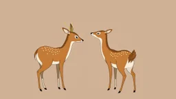 a whimsical illustration of 2 deer, a female deer on the left with body facing left but is looking back to the right, while on the right is a male deer facing left with a look of mild excitement while he glancing at the other's butt, both have upward tails