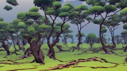 Beautiful landscape with trees, earth opens up and breaks down in black polygons.