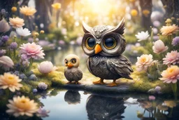 owl and small chibi duck in a flowergarden with beautiful flowers, pond, in sunshine, H.R. Giger, anime, steampunk, sürreal, watercolor and black in outlines, golden glitter, ethereal, cinematic postprocessing, bokeh, dof