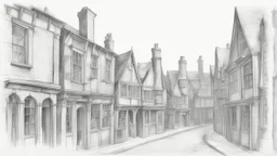 Diagon Alley, homes, bridges, and stores with tall, crooked roofs and chimneys are depicted in this outline pencil sketch.