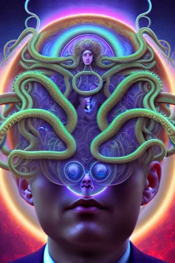 Spiritual being with Tentacles over human Head creating reality around, wrapping Spiral around Human, Psychedelic