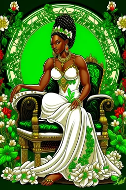 Create a digital airbrush cartoon of a curvy African American female sitting sideways on a queen throne. She is wearing a white shiny gown with white heels. Prominent make up with brown eyes. Highly detailed black and off-white braids in her hair. The braids are flowing all directions with a crown on her head. Background of green, black and red flowers surrounding her