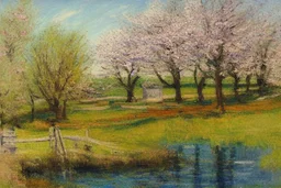 amazing sunny spring day, trees, flowers, fence, little pond, philip wilson steer impressionism painting