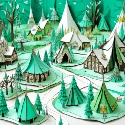 A mint colored snow covered Viking village festival designed in Japanese origami painted by Henri Rousseau