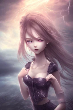 3d Anime beautiful girl in stormy surrounding