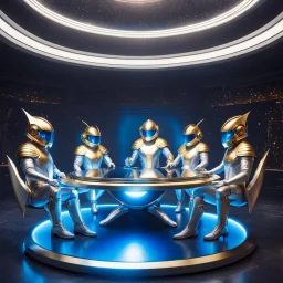 (masterpiece, best quality, 8k, RAW photo, beautiful and aesthetic:1.2), complex detail, Indirect light, photorealistic, (((full body))), Meeting of a group of Cosmic male gods smiling, Mixed, sci-fi and cyborg outfit with golden futuristic artifacts, white, blue and silver elements- Inside a great room of a flying saucer with a round hublot showing a galactic sunset