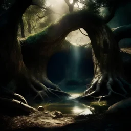 An ancient tree stands in a dry forest. Within the hollow trunk of the tree is hollow. Crystal-clear water has pooled within the bottom of this hollow space. Soft light emenates from the water.