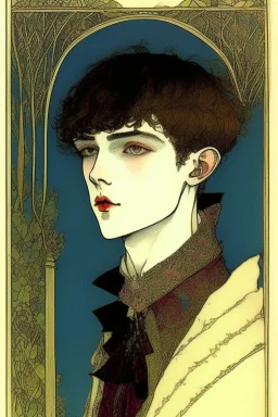 17 year old boy, pig-like facial features, dressed in noble clothes, friendly, with upturned nose, short tusks in lower jaw, in the style of Harry Clarke