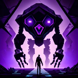 a giant geometric hypermodern black and purple neon bipedal robot with 1 ominous hexagonal eye staring at a person roaming in a monochrome black world