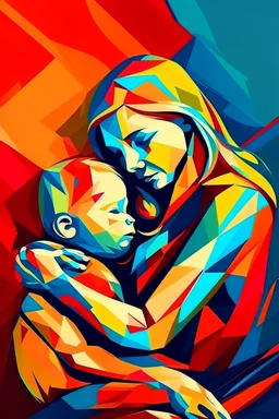 Mother holds her son , abstract style