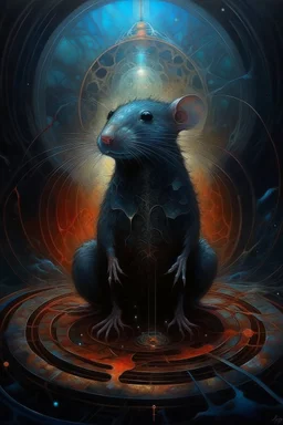 1970's dark fantasy cover dnd style oil painting of an holographic coronation of a rat in the mist with minimalist far perspective in an abstract pattern background.