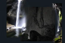 cliffside path winds through the mossy caves towards the light in the ceiling