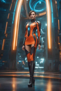 A hyper-realistic photo, High fashion model futuristic dress in the future world wearing boots, full portrait, glamorous, look futuristic outfit in action battle leaving earth 64K, hyperrealistic, vivid colors, (glow effects:1.2) , 4K ultra detail, , real photo, Realistic Elements, Captured In Infinite Ultra-High-Definition Image Quality And Rendering, Hyperrealism, real world, in real life, realism, HD Quality, 8k resolution, , real photo, 8 k