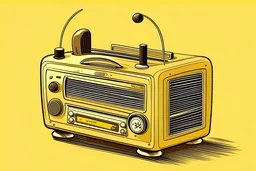 cartoon-looking brown colored vintage radio has an antenna sticking out from the top of it. a soft yellow dominates the entire background of the photo.