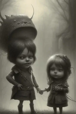 cute girl and litlle monster, Style John Kenn Mortensen,