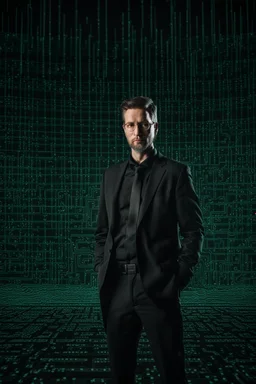 Portrait of creator of bitcoin with matrix backgroung, soft contrasts