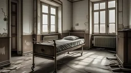 an abandoned hospital with a single bed