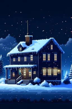 christmas winter house in the night that is pixel at the side