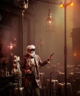 steampunk cabaret scene. old man. little monkey, Sunglasses, rain, smoking, happy, hot. Many people background, highly detailed, concept art, unreal engine 5, god rays, ray tracing, RTX, lumen lighting, ultra detail, volumetric lighting, 3d, finely drawn, high definition, high resolution.