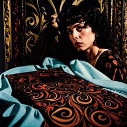 Strong texture, photorealism, Caravaggio. Intricate patterns, hypermaximalist. Surreal, eerily mysterious, pastel colors. Italian horror, Dario Argento. Movie shot, spooky horror. 1970's Italian art. 33mm photography.