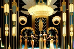 Inside an Art Deco Opera foyer, with mirrors and brass sconces, incandescent, gleaming, people in extravagant costumes by artist "Erte"