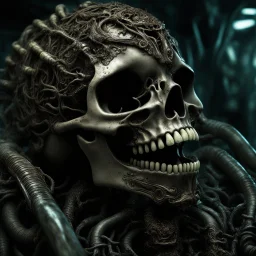 A MECHANICAL NON HUMAN SKULL AND PHALLIC SYMBOL DARK SLIMEY AND GIVING BIRTH SHARKS TEETH with a touch of H.R. Giger's biomechanical aesthetic. Hyperdetailed and rendered in 8k resolution, a true masterpiece. hyperdetailed intricately detailed Splash art action painting film noir photorealism psychedelic art telephoto lens aetherpunk horror post-apocalyptic VIVID IN COLOR