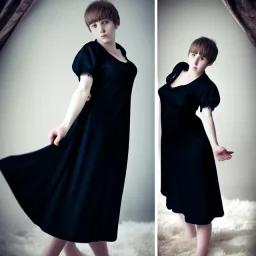 Realistic photo Russian shorthair beautiful 20-years tomboy boyish boylike young wife wide hips in black nightgown