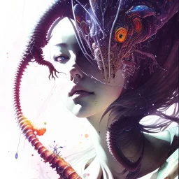 leaning pose, centipede, nest, multiple eyes everywhere, watercolor illustration by <agnes cecile> <Yoji Shinkawa>,