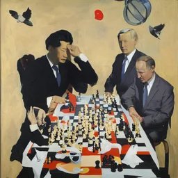 Putin, President Xi Of China And Joe Biden Play Chess With A Pigeon,Ufo,Complex Surgical Instruments Intermixed With A Newborn Boy,Minimalism,Painting By Adrian Ghenie,Rene Magritte,Pablo Picasso,Michelangelo,Salvador Dali,Lucian Freud