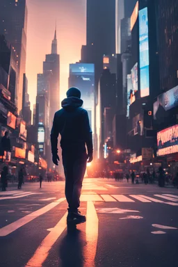 #image shadow guy in New York year 2100 on the street with future time square and a sunset in the background for iPhone wallpaper