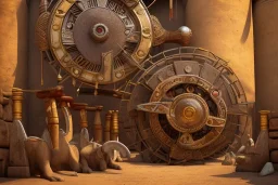 african scene, ancient egypt, zulu, scaffolding, rusted clock, rusted cogwheel, high detail