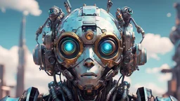 a beautiful full frame portrait digital painting of futuristic gaspunk robot, wide angle view, close-up, macro lens, centered camera, titanium accents, intricate details, small minutiae, tiny features, particulars, colorful, 8k, least ambient occlusion, volumetric lighting, volumetric clouds