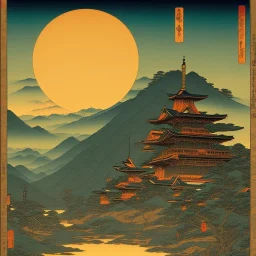 Ukiyo-e, mountains, sun