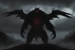 Anime art of dark silhouette of black monster with long and clawed hands and black torn wings, red eyes in dark, Half of the body is immersed in darkness, Dark cloud underfoot, dark fog around, shadows around, Average point of view, perspective, facing ahead, silhouette, art, cel shading, playing shadows, Pastel dark colors. Avant-garde art, in front of a red background, art by Alexander Cabanel, cyberpunk art, inspired by Ai-Mitsu, trending on cgsociety, mechanized soldier girl, character art