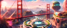 Golden Gate Bridge above river, vibrant blue sky, Futuristic scifi buildings, solar punk city, sci-fi neon lights, greenery, lots of plants, lots of people walking on the floor, misty happy atmosphere, scifi building on the right near bridge instead of tree, hexagon shaped dome structure at centre, no clouds