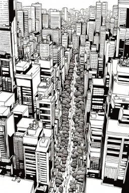 Tokyo city view from above. manga style, black and white